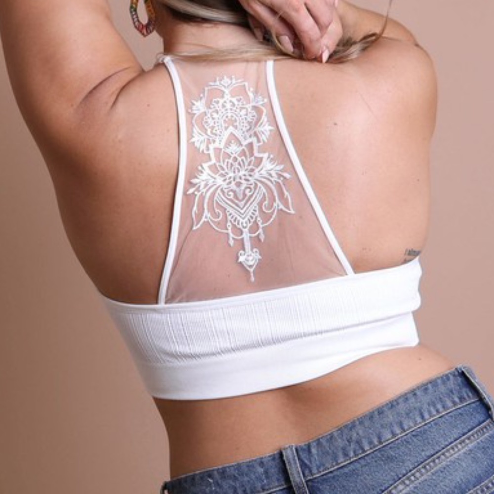 Plus Boho White Floral Seamless Mesh Bralette